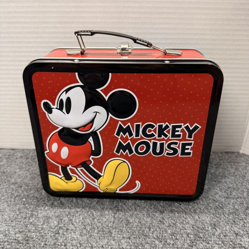 Mickey Mouse Metal Lunch Box Red Tin Carry Case Storage Container Handle